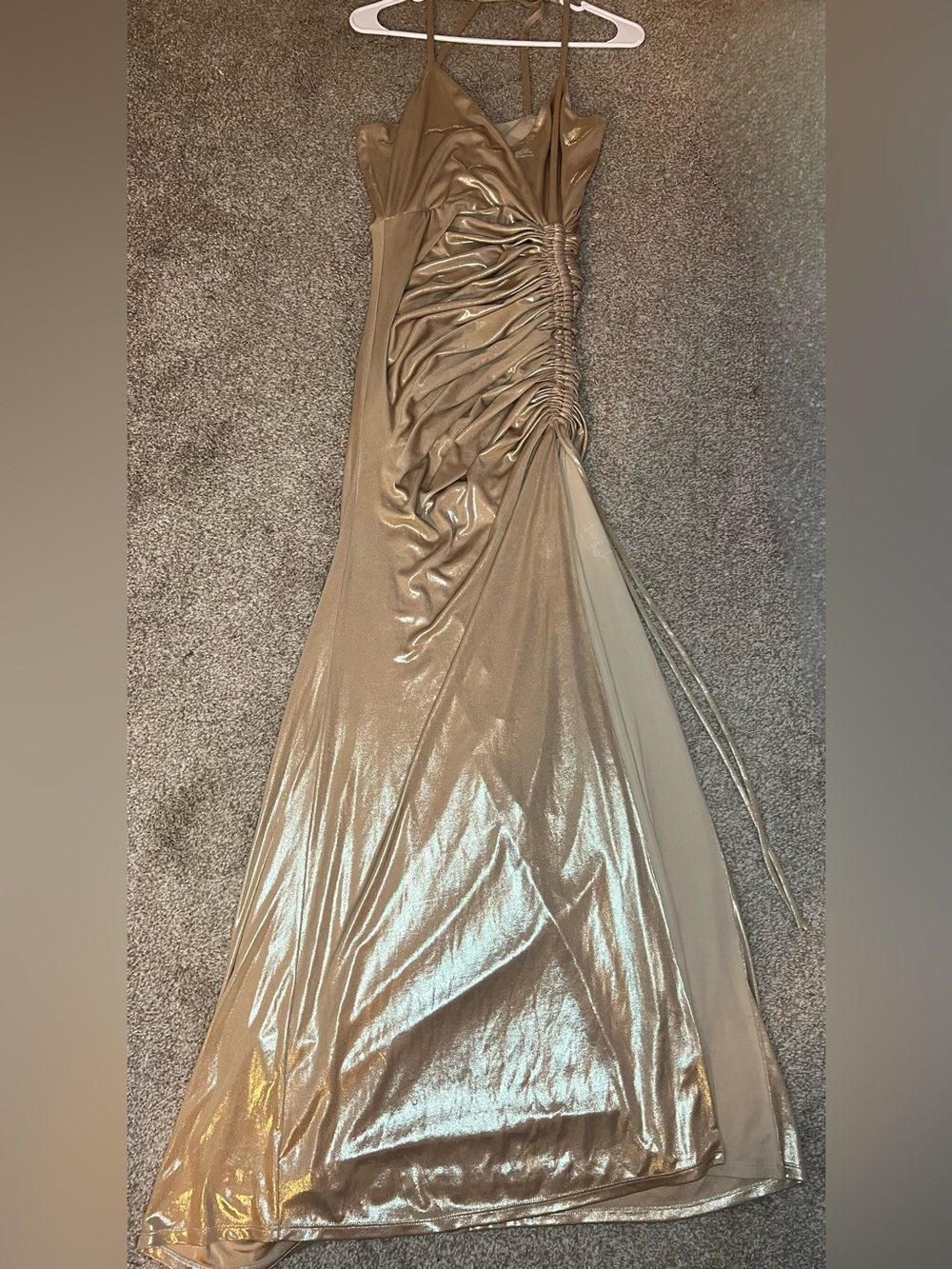 Marciano Metallic Gold High-Low Ruched Evening Dress